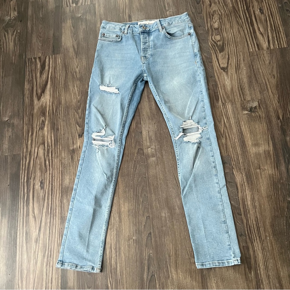 Topman Skinny Stretch Distressed Light Wash Jeans